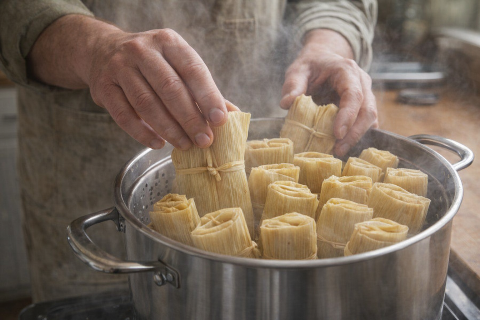 A medium shot of a cook placing wrapped tamales in a steamer basket inside a large pot, steam rising, with a focus on the hands and the arrangement of the tamales